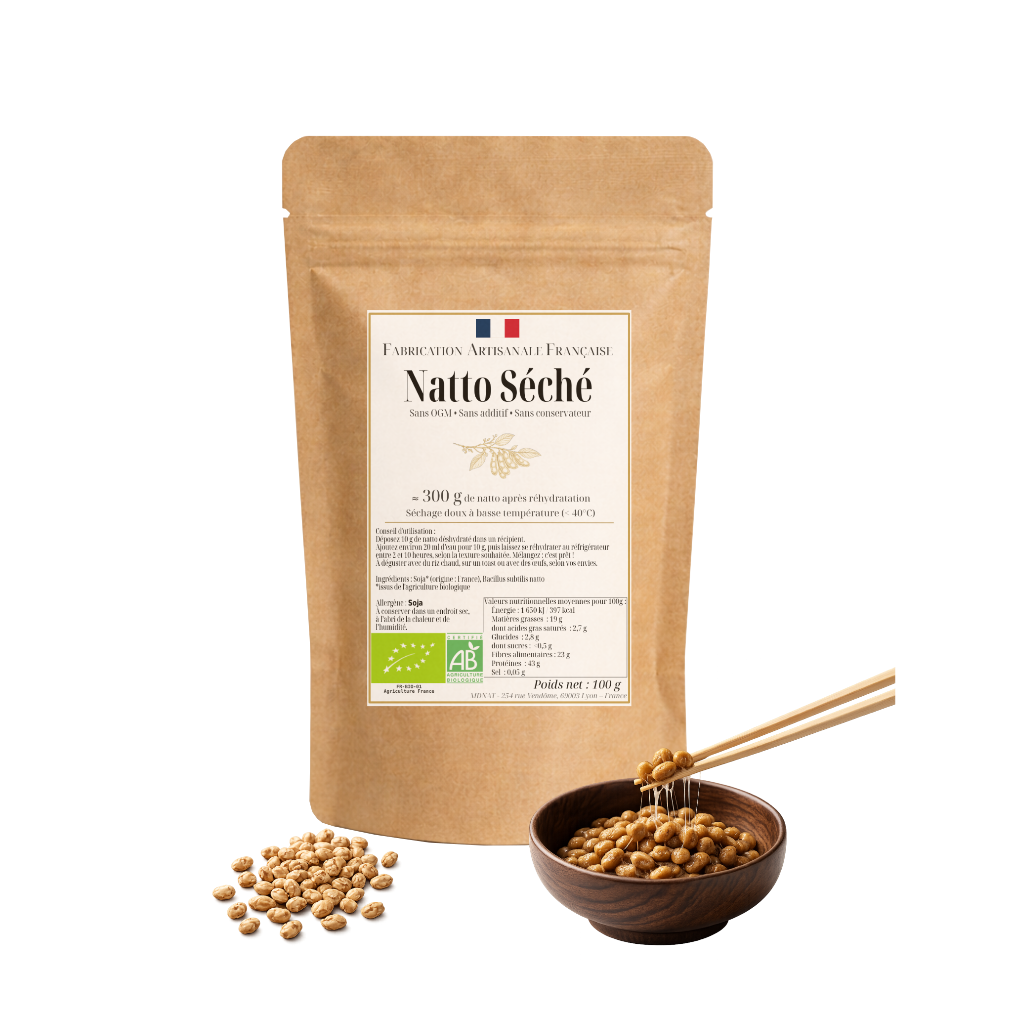 Natto séché 100g – Artisanal français – Jusqu’à 300g après réhydratation