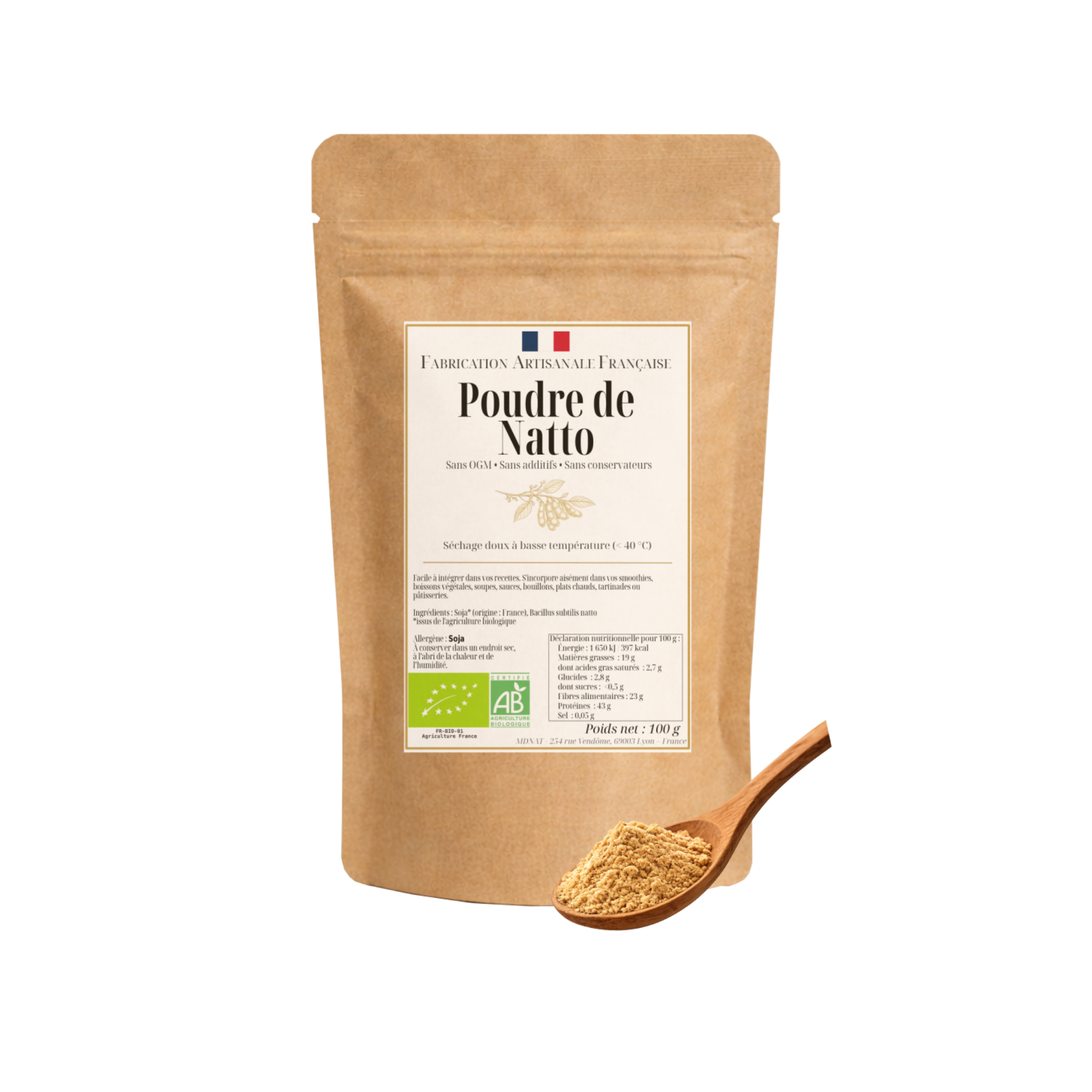 Natto en poudre 100 g – jusqu’à 300 g de natto fermenté utilisés – artisanal français